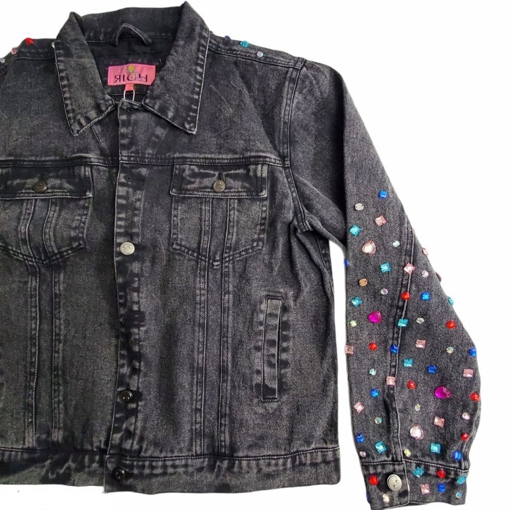 Rock Glam Rhinestone Studded Black Denim Jacket Bedazzled Vintage Size 10 - Picture 5 of 15